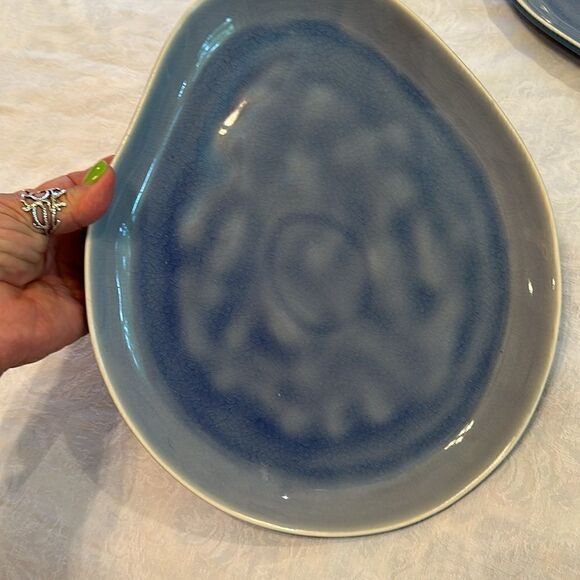 Plates Pottery Blue Cloudy Glazed Asymmetrical Heavy Serve Dinner - Picture 2 of 10